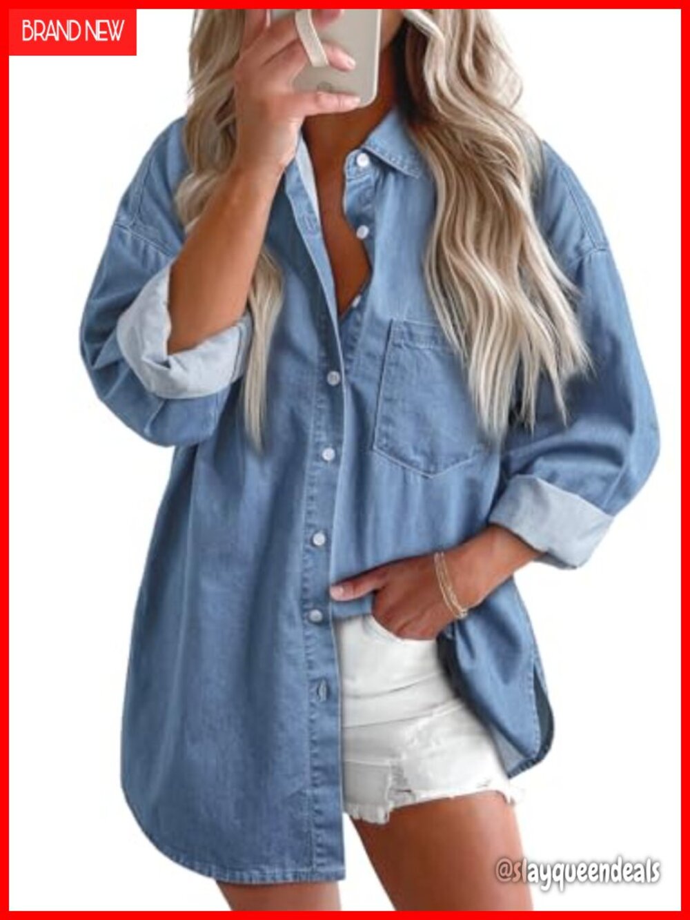 Women's Cotton Denim Button Down Shirt Long Sleeve Boyfriend Fit